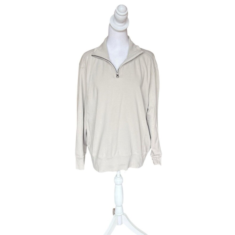 PACT Organic Cotton Mock Neck Quarter Zip Sweatshirt Men Large Beige Roam Travel